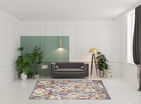 4' X 6' Navy Blue Damask Power Loom Distressed Area Rug